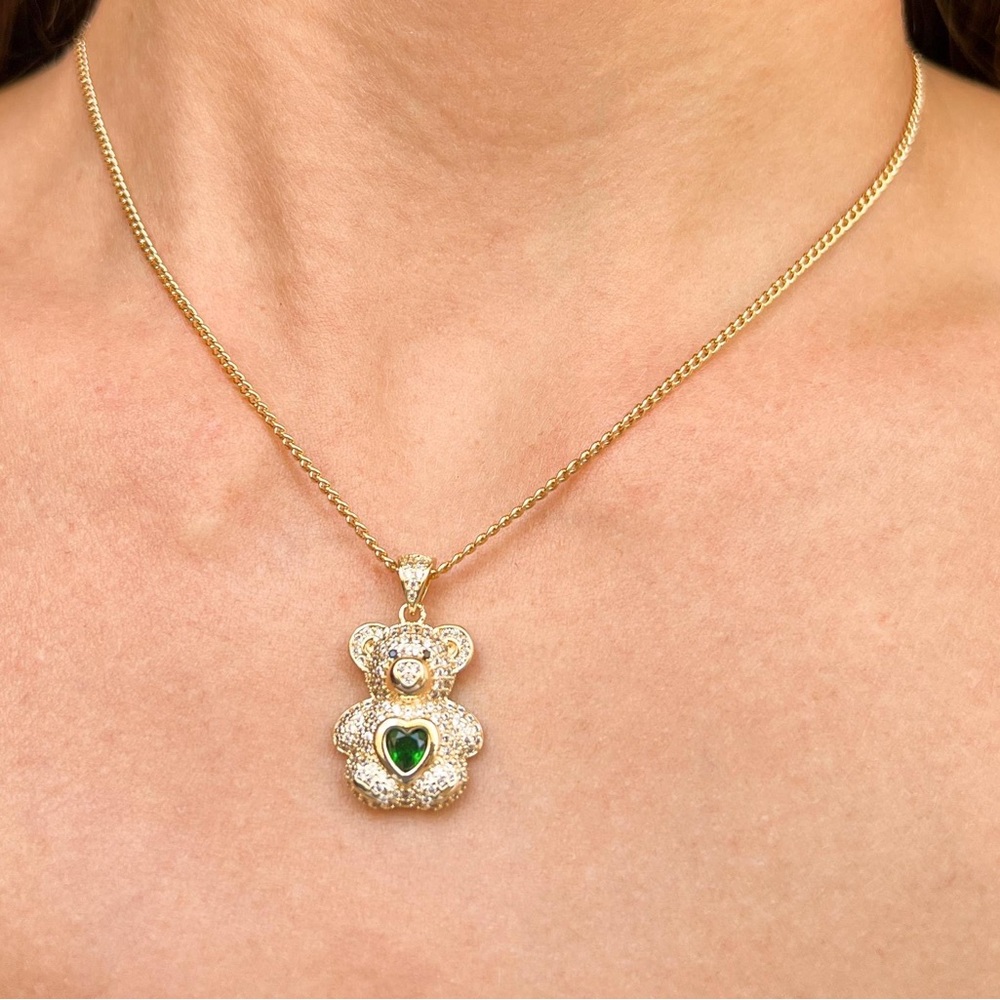 Whimsical Gold and Green Teddy Bear Necklace